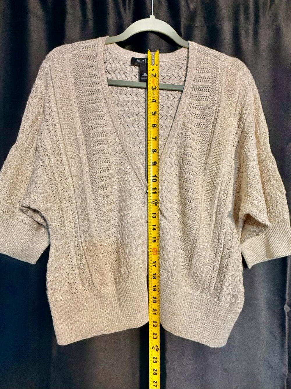 White House Black Market XL Metallic Shimmer Open Knit Cardigan Sweater Beige - Picture 6 of 7